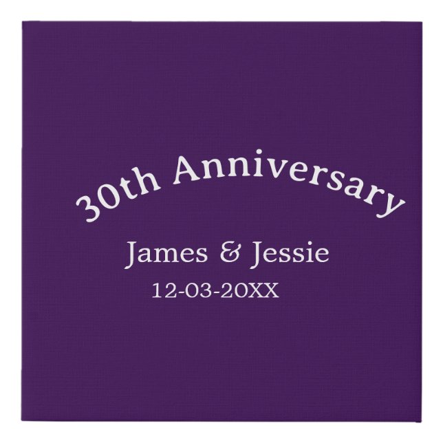 30th wedding anniversary name date purple simple  faux canvas print (Front)