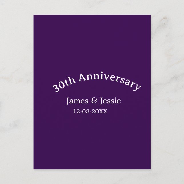 30th wedding anniversary name date purple simple  postcard (Front)