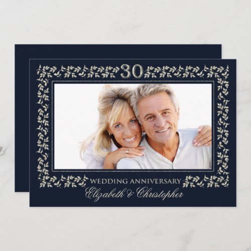 30th Wedding Anniversary Navy Blue Silver Photo Invitation