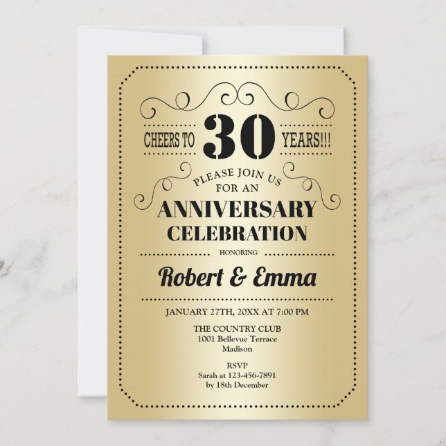 30th Wedding Anniversary Party - Gold Black Invitation (Front)