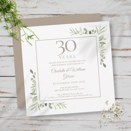30th Wedding Anniversary Pearl Greenery Floral Invitation