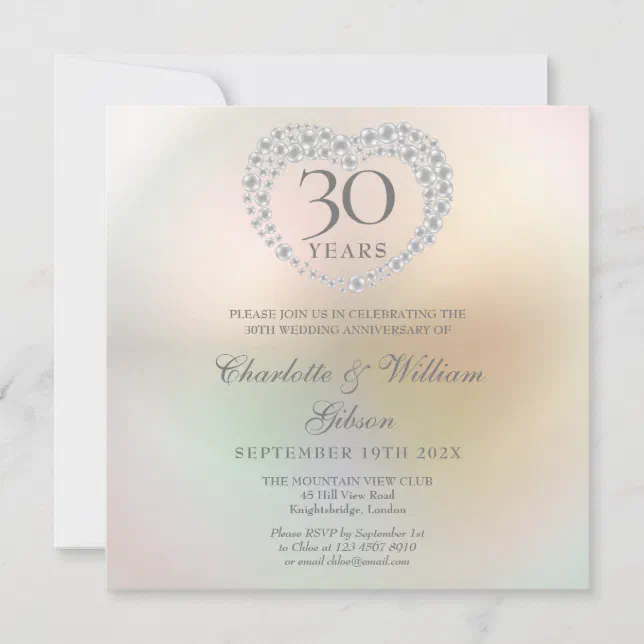 30th Wedding Anniversary Pearl Heart Square Invitation | Zazzle