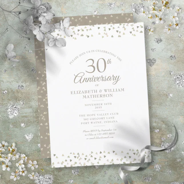 30th Wedding Anniversary Pearl Hearts Confetti Invitation | Zazzle