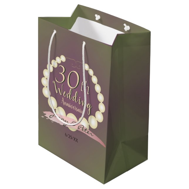 30th Wedding Anniversary Pearls on Plum Moss Medium Gift Bag (Back Angled)