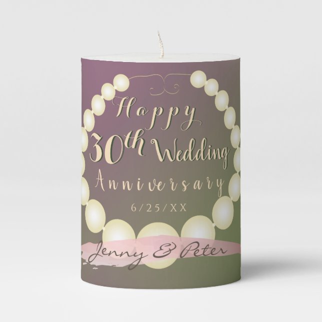 30th Wedding Anniversary Pearls  Pillar Candle (Front)