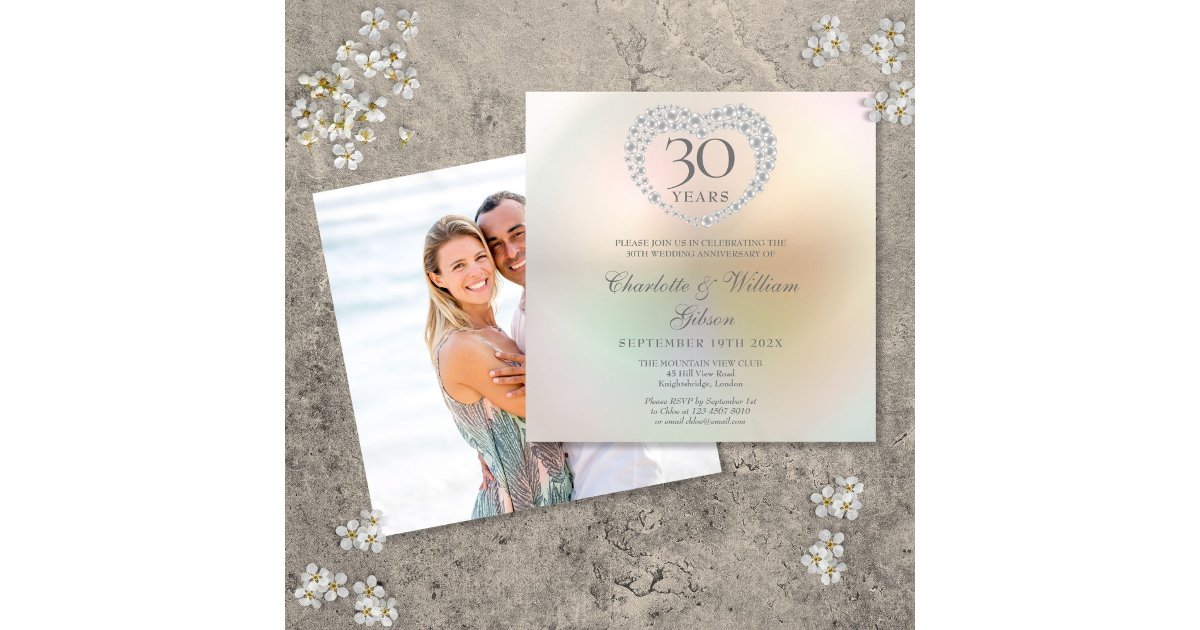 30th Wedding Anniversary Photo Square Pearl Heart Invitation | Zazzle