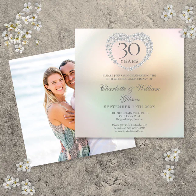 30th Wedding Anniversary Photo Square Pearl Heart Invitation | Zazzle