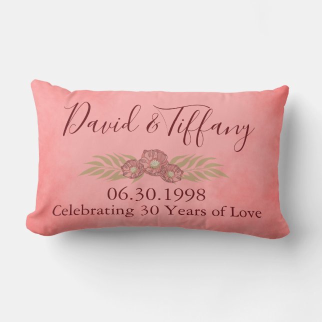 30th Wedding Anniversary Pink Personalize Floral Lumbar Pillow (Front)