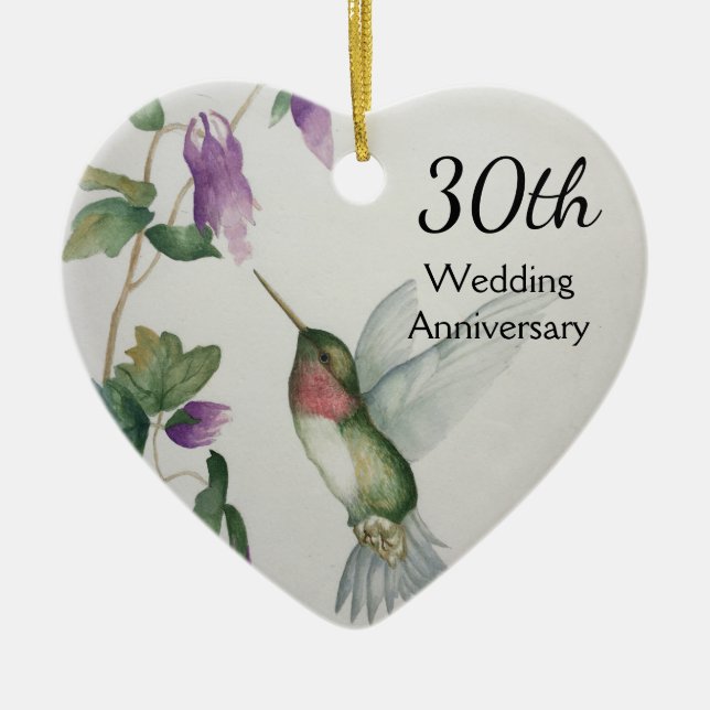 30th Wedding Anniversary Pretty Bird Flowers Heart Ceramic Ornament (Front)