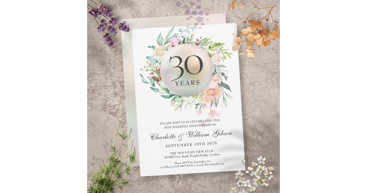 30th Wedding Anniversary Roses Floral Chic Pearl Invitation | Zazzle