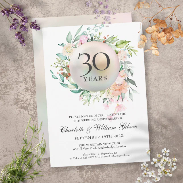 30th Wedding Anniversary Roses Floral Chic Pearl Invitation | Zazzle