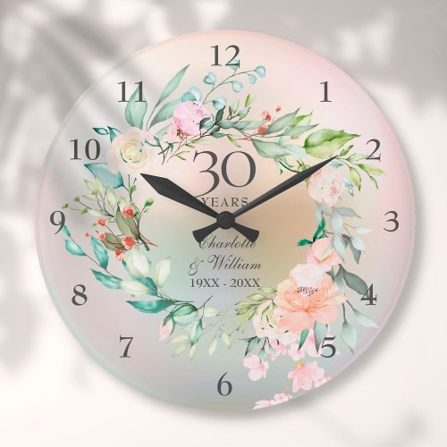 30th Wedding Anniversary Roses Floral Pearl  Large Clock