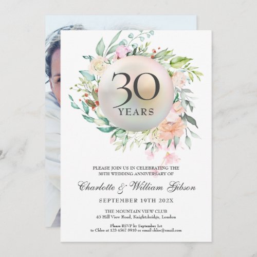 30th Wedding Anniversary Roses Floral Pearl Photo Invitation