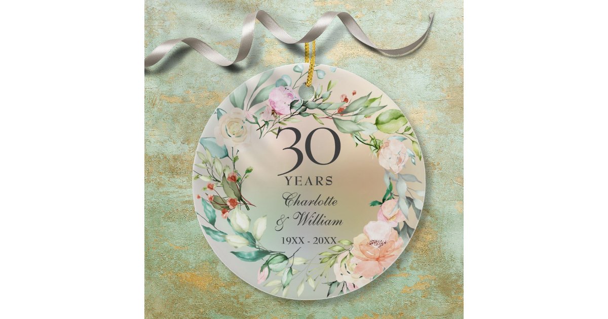 30th Wedding Anniversary Roses Garland Pearl Ceramic Ornament | Zazzle