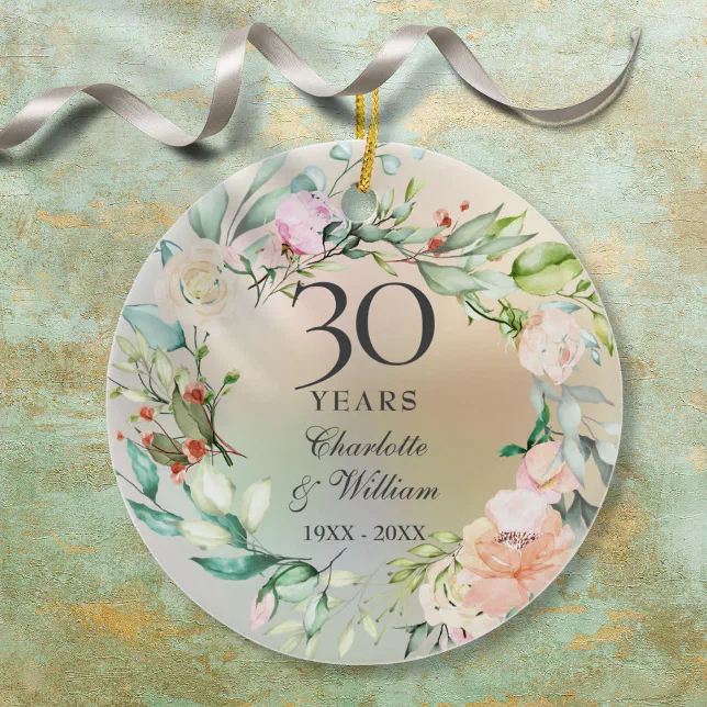 30th Wedding Anniversary Roses Garland Pearl Ceramic Ornament | Zazzle