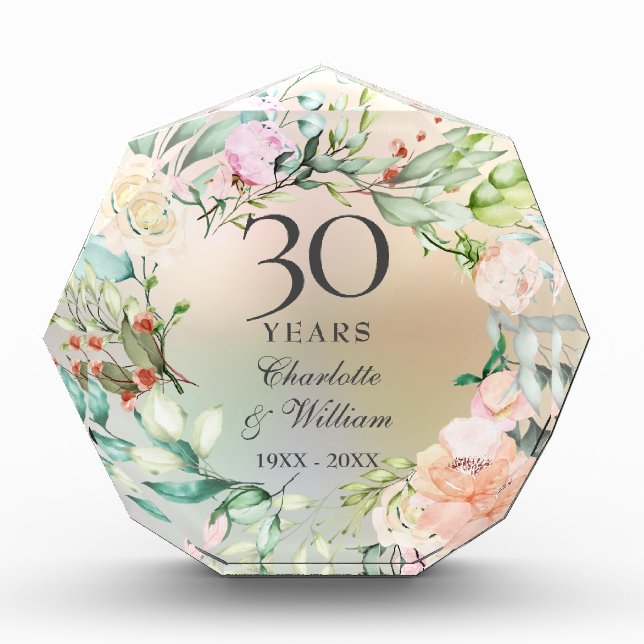 30th Wedding Anniversary Roses Garland Pearl Photo Block (Front)