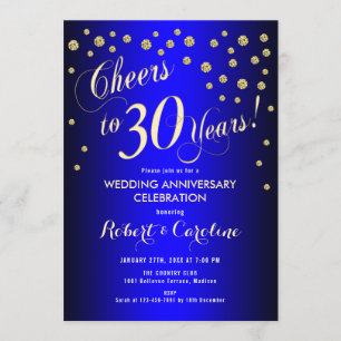 30th Wedding Anniversary - Royal Blue & Gold Invitation