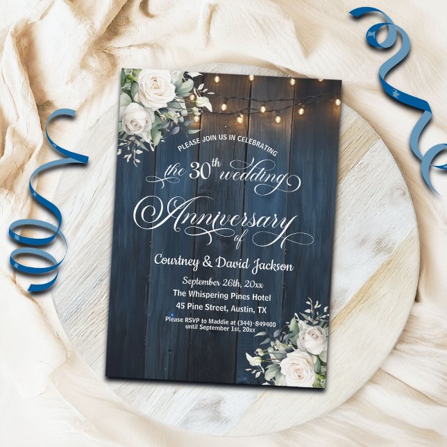 30th Wedding Anniversary Rustic Blue String Lights Invitation (Creator Uploaded)