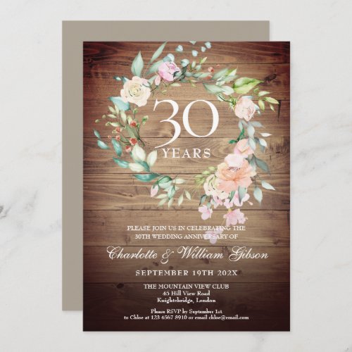 30th Wedding Anniversary Rustic Roses Greenery  Invitation
