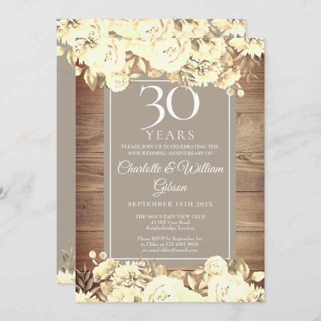 30th Wedding Anniversary  Rustic Roses Invitation (Front/Back)