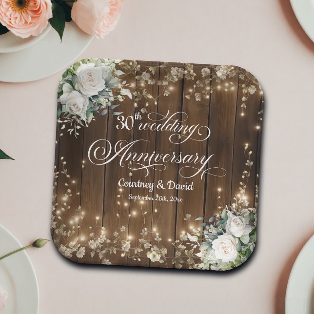30th Wedding Anniversary Rustic String Lights  Paper Plates (Creator Uploaded)