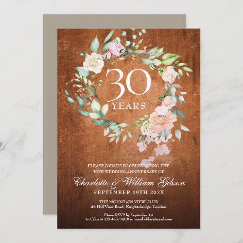 30th Wedding Anniversary Rustic Vintage Wood Roses Invitation