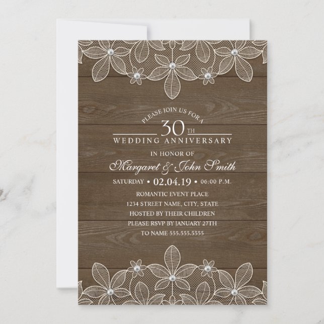 30th Wedding Anniversary Rustic Wood Country Lace Invitation (Front)