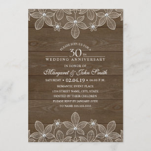 30th Wedding Anniversary Rustic Wood Country Lace Invitation