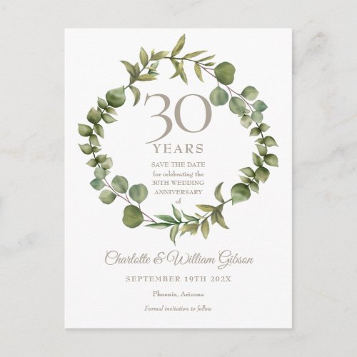 30th Wedding Anniversary Save the Date Greenery Announcement Postcard
