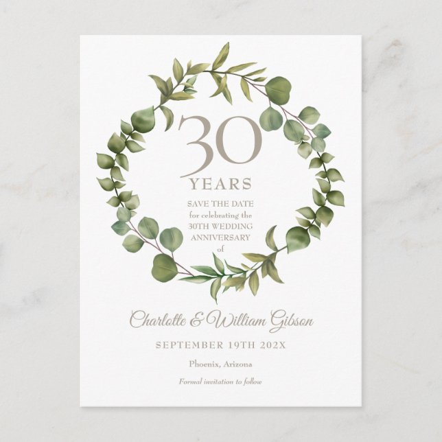 30th Wedding Anniversary Save the Date Greenery Announcement Postcard (Front)
