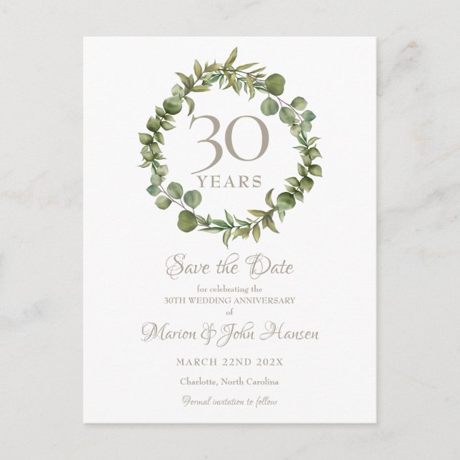 30th Wedding Anniversary Save the Date Greenery Announcement Postcard (Front)
