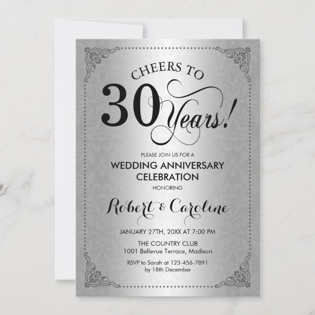 30th Wedding Anniversary - Silver Black Damask Invitation (Front)