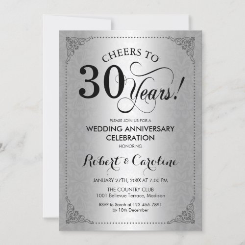 30th Wedding Anniversary _ Silver Black Damask Invitation