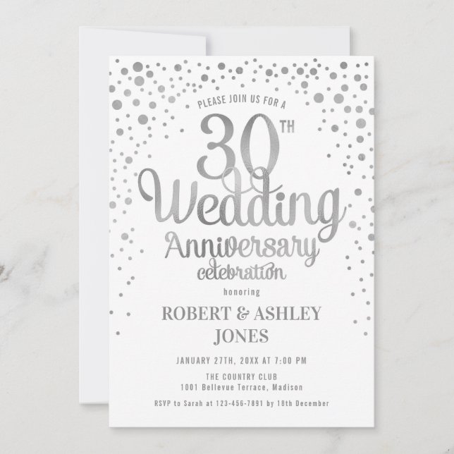 30th Wedding Anniversary - Silver & White Invitation (Front)