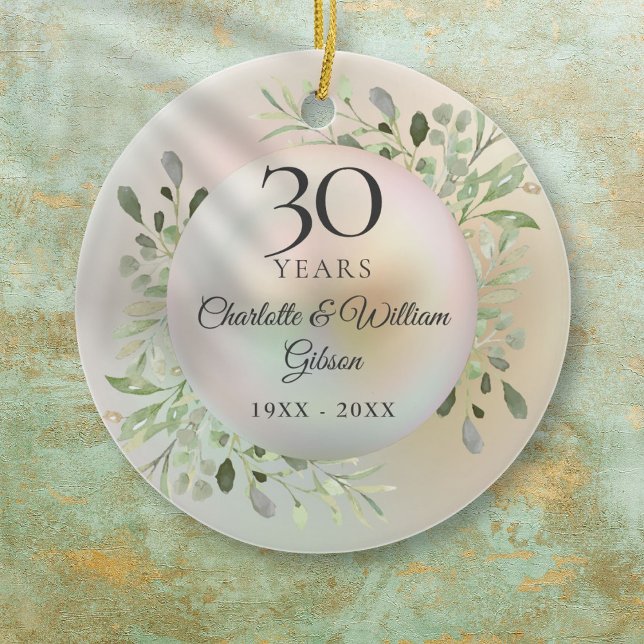 30th Wedding Anniversary Watercolor Greenery Pearl Ceramic Ornament (30th Wedding Anniversary Watercolor Greenery Pearl Ceramic Ornament)