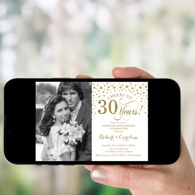 30th Wedding Anniversary with Photo - Gold White Invitation (Front Digital)