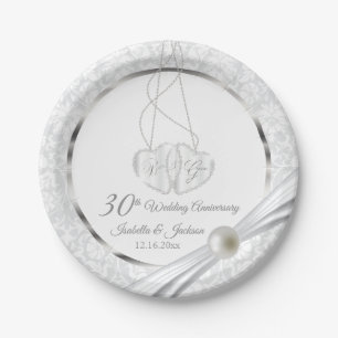 30th  White Pearl Wedding Anniversary Design Paper Plates
