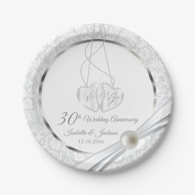 30th  White Pearl Wedding Anniversary Design Paper Plates (Front)