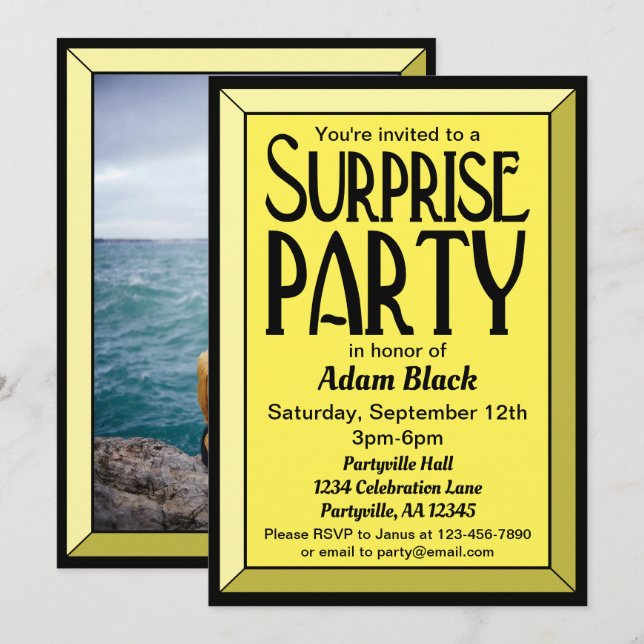 30th Yellow Art Deco Photo Birthday Surprise Party Invitation (Front/Back)