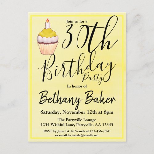 30th Yellow Cupcake Watercolor Birthday Invitation Postcard