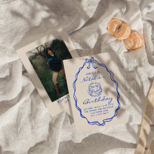 30thBlue Bow Hand Drawn Coquette Birthday Photo Invitation