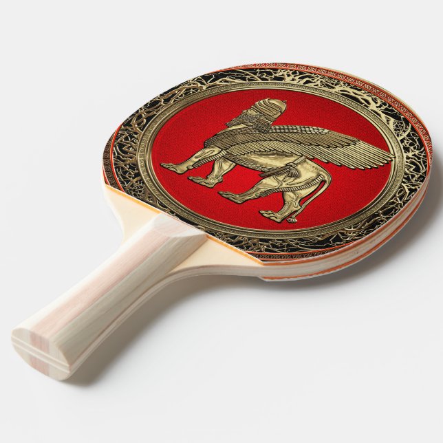 [310] Assyrian Winged Lion - Gold Lamassu Ping Pong Paddle (Back Angle)