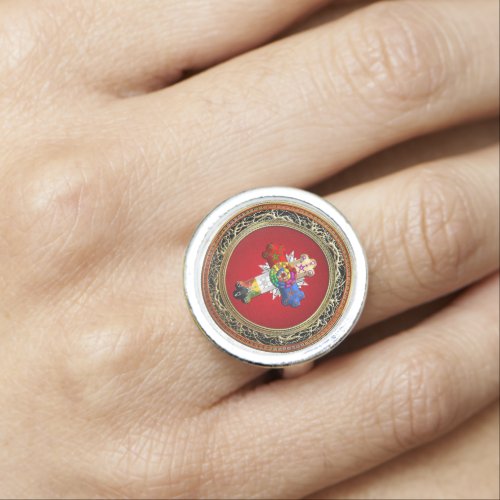 310 Rosy Cross Rose Croix on Red  Gold Ring