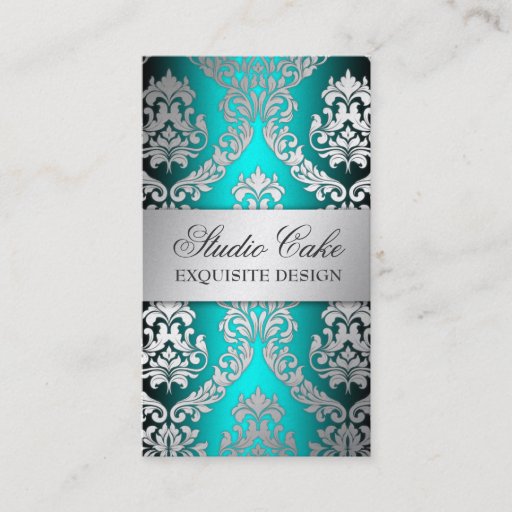 Customizable 311 Alonnah Damask Island Aqua Green Metallic Business Card