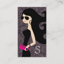 311 Aviator Fashionista Brunette Hot Pink Damask Business Card