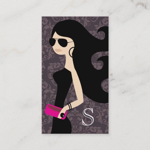 311 Aviator Fashionista Brunette Hot Pink Damask Business Cards