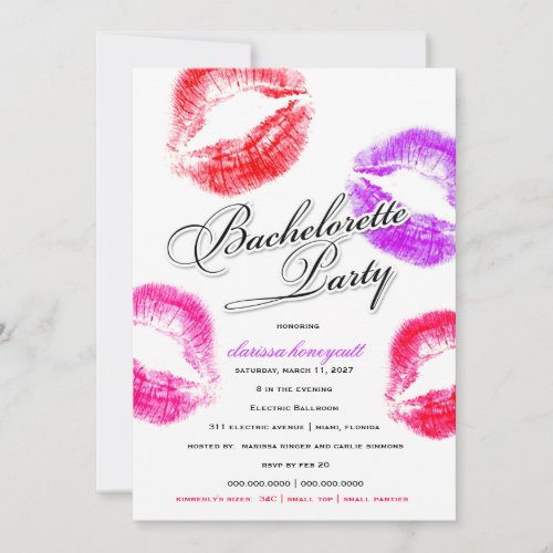 311-Bachelorette Party - Colorful Kisses Personalized Invites