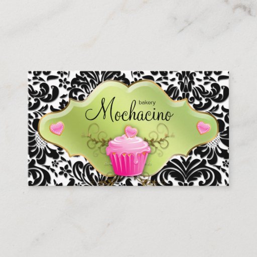Customizable Bakery Business Card Cupcake Gold Swirls Lime Pink