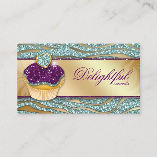 Customizable Bakery Business Card Zebra Cupcake Sparkle Teal