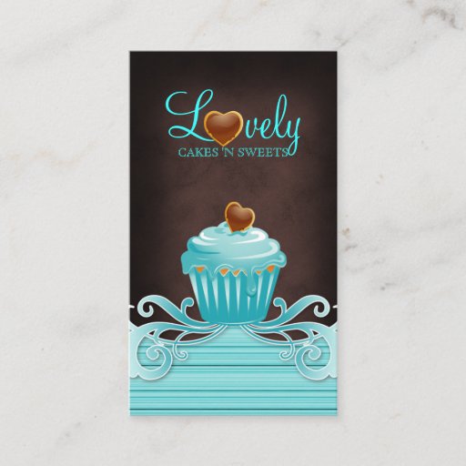 Customizable Bakery cupcake blue swirls chocolate brown business card
